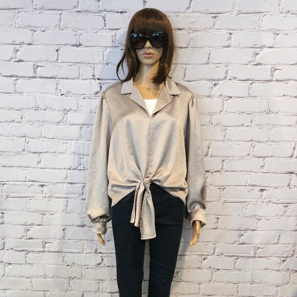 KAREN KANE - Satin front tie long sleeve taupe coloured blouse - Picture 4 of 10